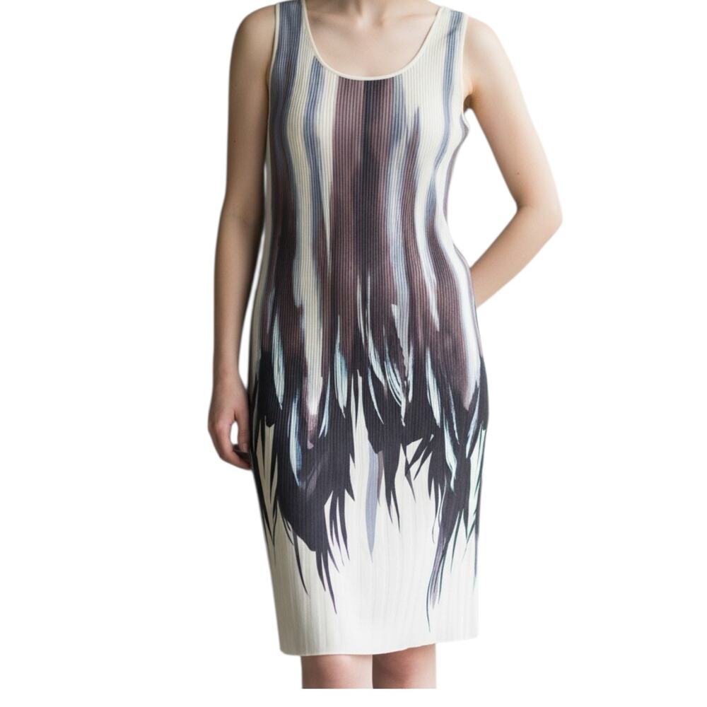 Women's Lafayette 148 Sleeveless Pleated Dress White Black Grey Blue Medium